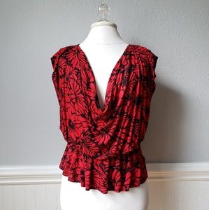 Red and black flora scoop neck top